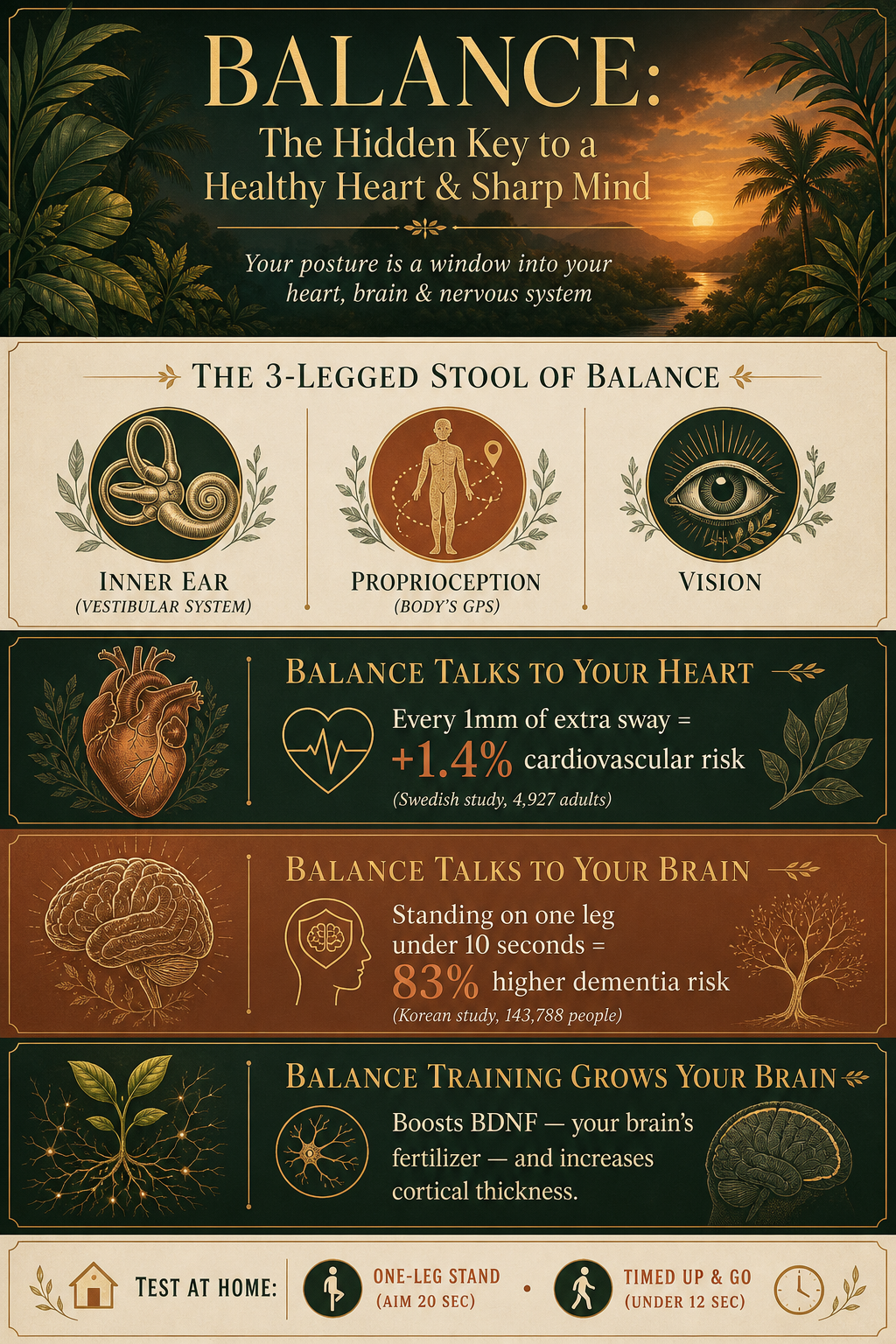 Balance: The Hidden Key to a Healthy Heart and Sharp Mind infographic. The three-legged stool of balance: inner ear (vestibular system), proprioception (body GPS), and vision. Balance talks to your heart: every 1mm of extra sway equals a 1.4 percent higher cardiovascular risk (Swedish study, 4,927 adults). Balance talks to your brain: standing on one leg under 10 seconds equals an 83 percent higher dementia risk (Korean study, 143,788 people). Balance training grows your brain by boosting BDNF and increasing cortical thickness. Test at home with the one-leg stand (aim 20 seconds) and the Timed Up and Go (under 12 seconds).
