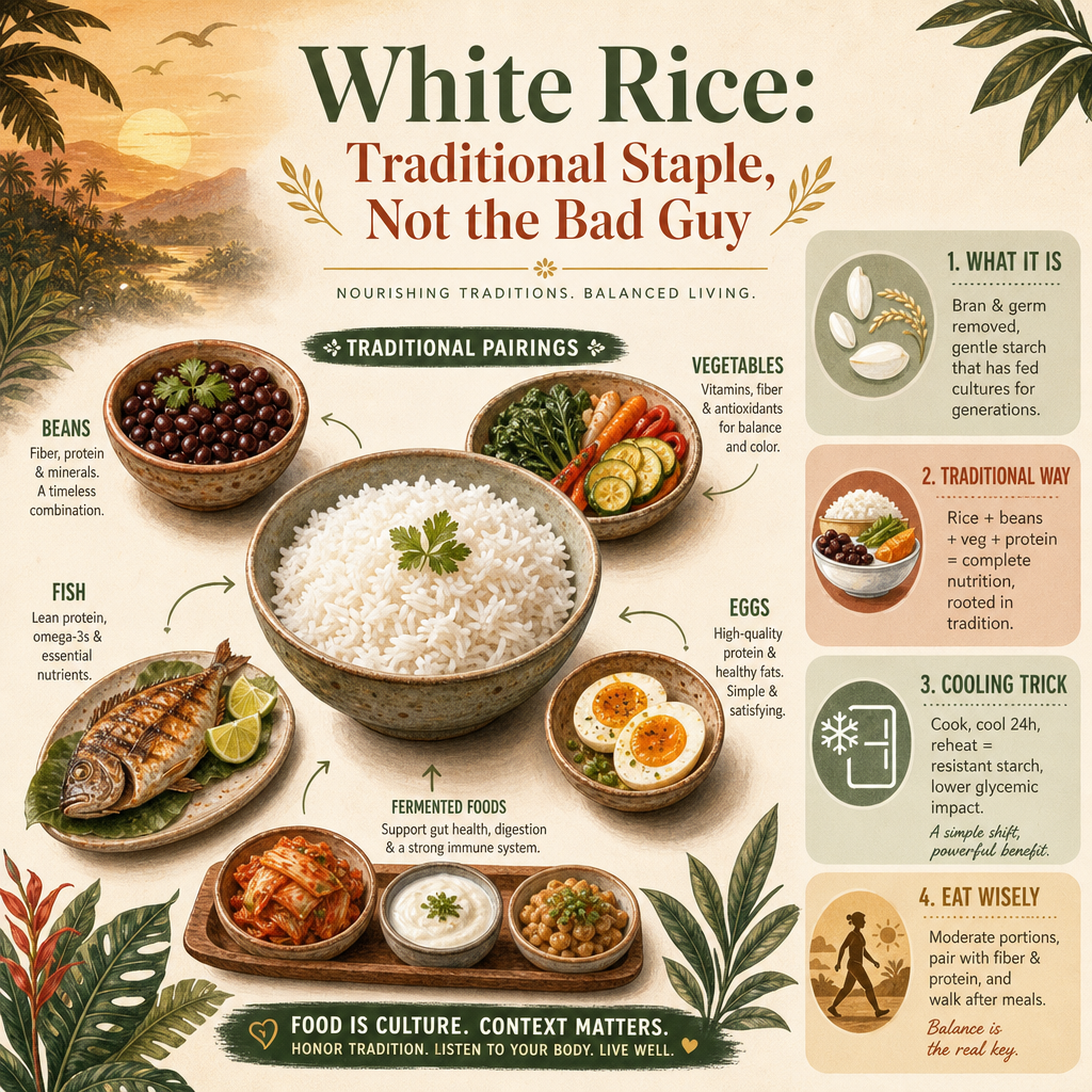 White Rice: Traditional Staple, Not the Bad Guy infographic showing traditional pairings and the cooling trick
