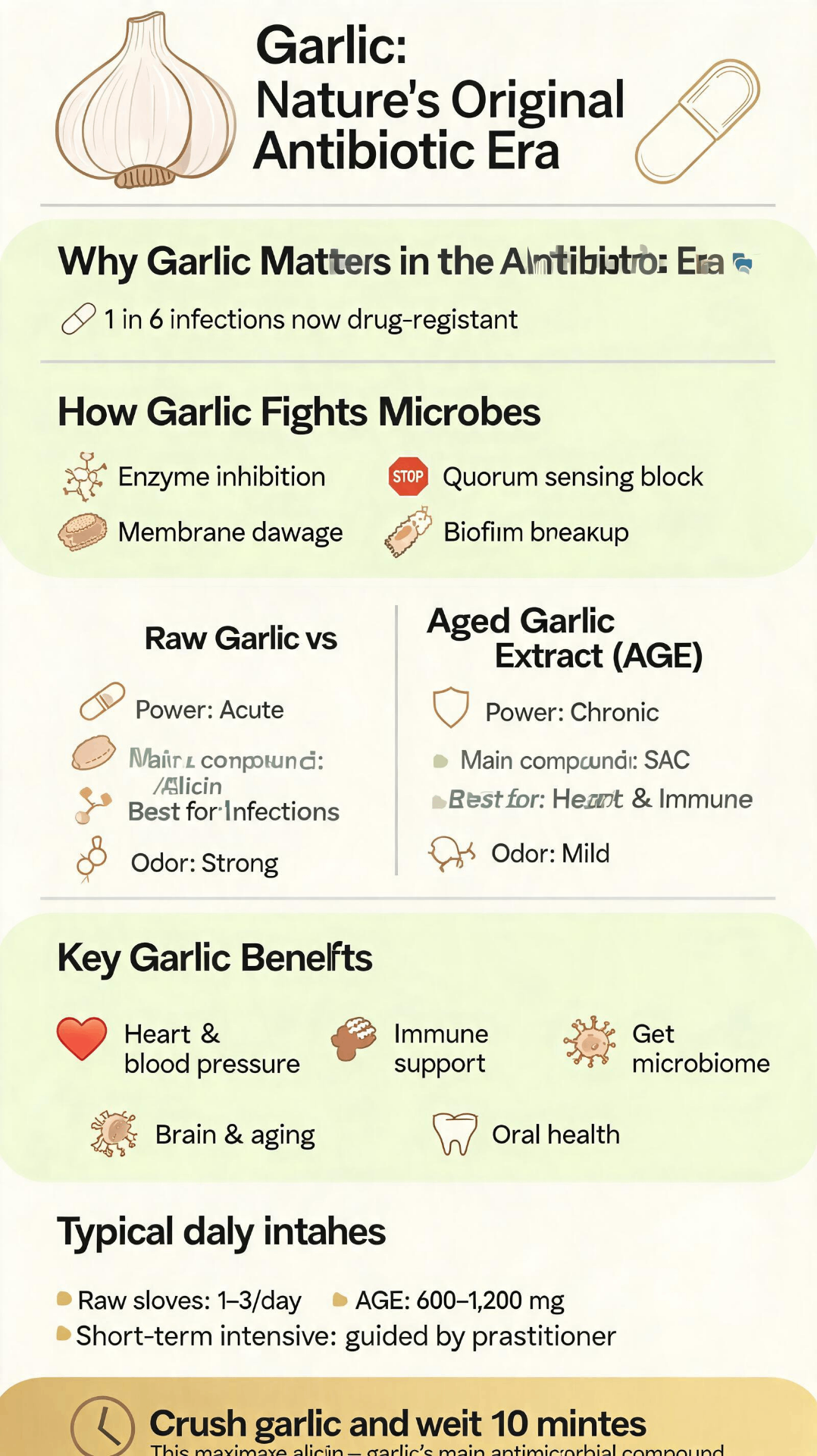Garlic: Nature's Original Antibiotic infographic by Maya Mountain Naturals — why garlic matters in the antibiotic era (1 in 6 infections now drug-resistant), how garlic fights microbes through enzyme inhibition, quorum sensing blockade, membrane damage and biofilm breakup, a comparison of raw garlic versus aged garlic extract (AGE), key benefits for heart and blood pressure, immune support, gut microbiome, brain and aging and oral health, typical daily intakes, and the 10-minute rule of crushing garlic and waiting before use.