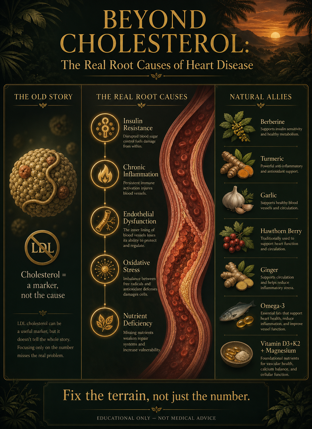Beyond Cholesterol infographic — the real root causes of heart disease. Left: cholesterol/LDL is a marker, not the cause. Center: the real upstream drivers — insulin resistance, chronic inflammation, endothelial dysfunction, oxidative stress, and nutrient deficiency — shown around an inflamed artery cross-section. Right: natural allies including berberine, turmeric, garlic, hawthorn berry, ginger, omega-3, and vitamin D3+K2+magnesium. Bottom: fix the terrain, not just the number. Educational only. | Maya Mountain Naturals