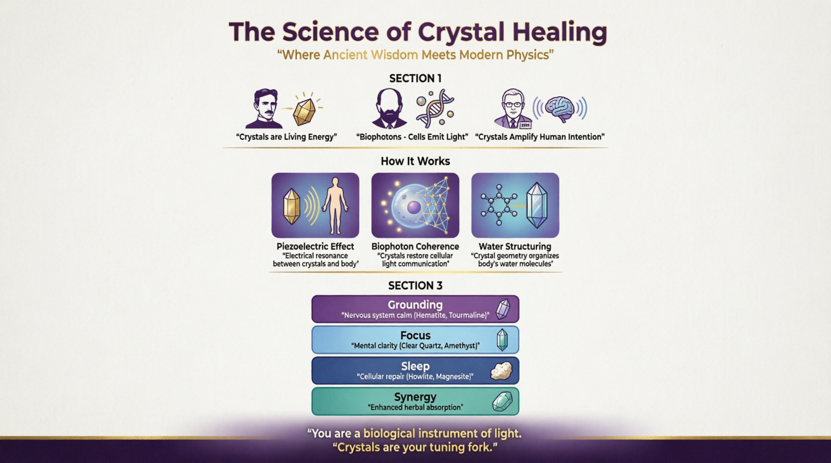 The Science of Crystal Healing infographic — Where Ancient Wisdom Meets Modern Physics. Section 1: crystals as living energy (Tesla), biophotons as cells that emit light (Popp), and crystals amplifying human intention (Vogel). How It Works: piezoelectric effect (electrical resonance between crystals and body), biophoton coherence (crystals restore cellular light communication), and water structuring (crystal geometry organizes body water molecules). Applications: grounding for nervous system calm (hematite, tourmaline), focus for mental clarity (clear quartz, amethyst), sleep for cellular repair (howlite, magnesite), and synergy for enhanced herbal absorption. Bottom line: you are a biological instrument of light and crystals are your tuning fork.