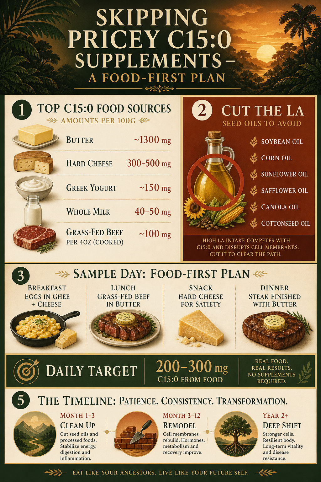 C15:0 food-first plan infographic showing top food sources (butter ~1300 mg, hard cheese 300-500 mg per 100g; grass-fed beef ~100 mg per 4 oz), seed oils to avoid, and a 12-24 month membrane remodeling timeline.