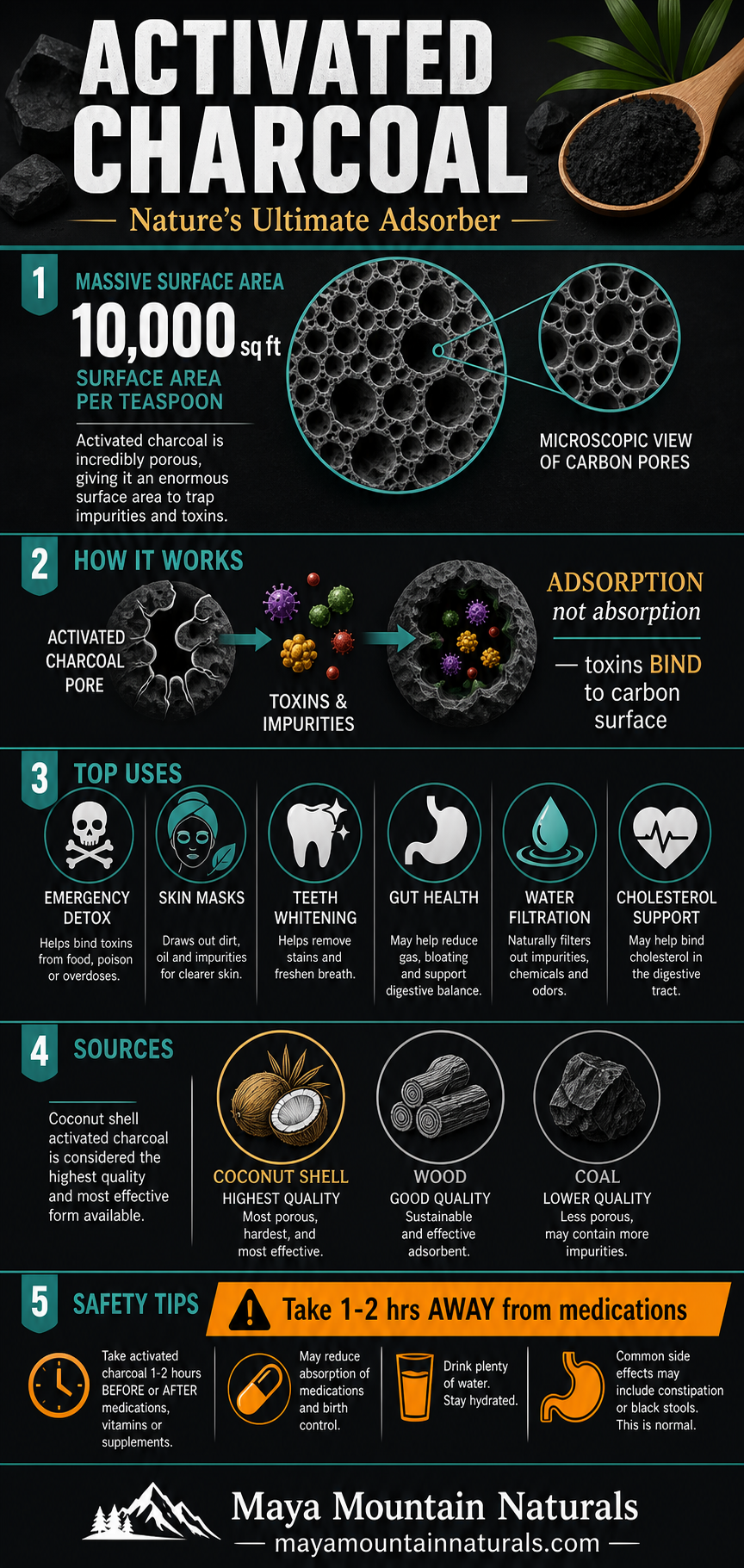 Activated charcoal infographic — Nature's Ultimate Adsorber: a single teaspoon has about 10,000 square feet of surface area; how adsorption works (toxins bind to the carbon surface); top uses including emergency detox, skin masks, teeth whitening, gut health, water filtration, and cholesterol support; source quality from coconut shell (highest) to wood and coal; and safety tips for taking it away from medications.