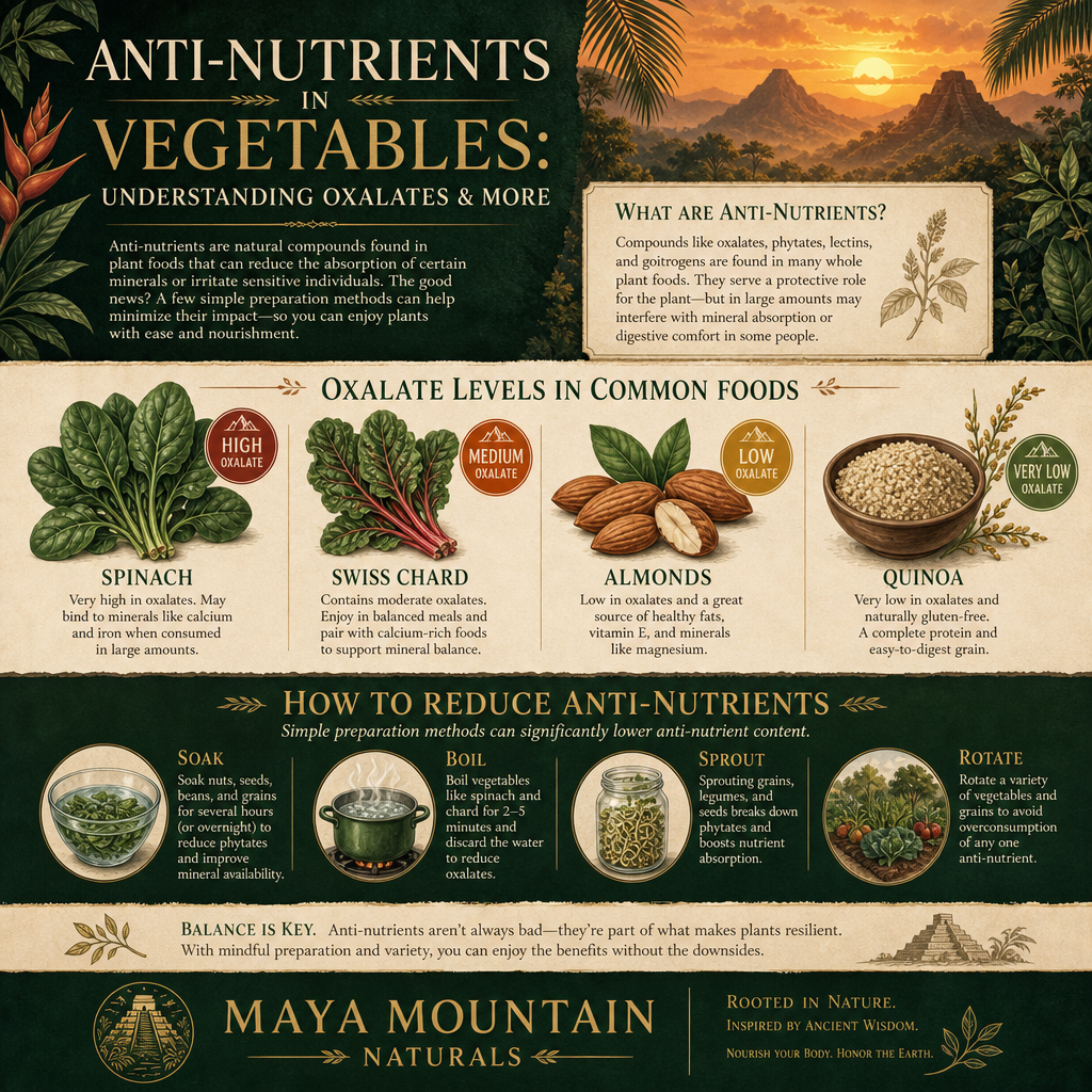 Anti-Nutrients in Vegetables: Understanding Oxalates & More — infographic showing oxalate levels in spinach, chard, almonds, and quinoa, plus soak, boil, sprout, and rotate methods to reduce anti-nutrients